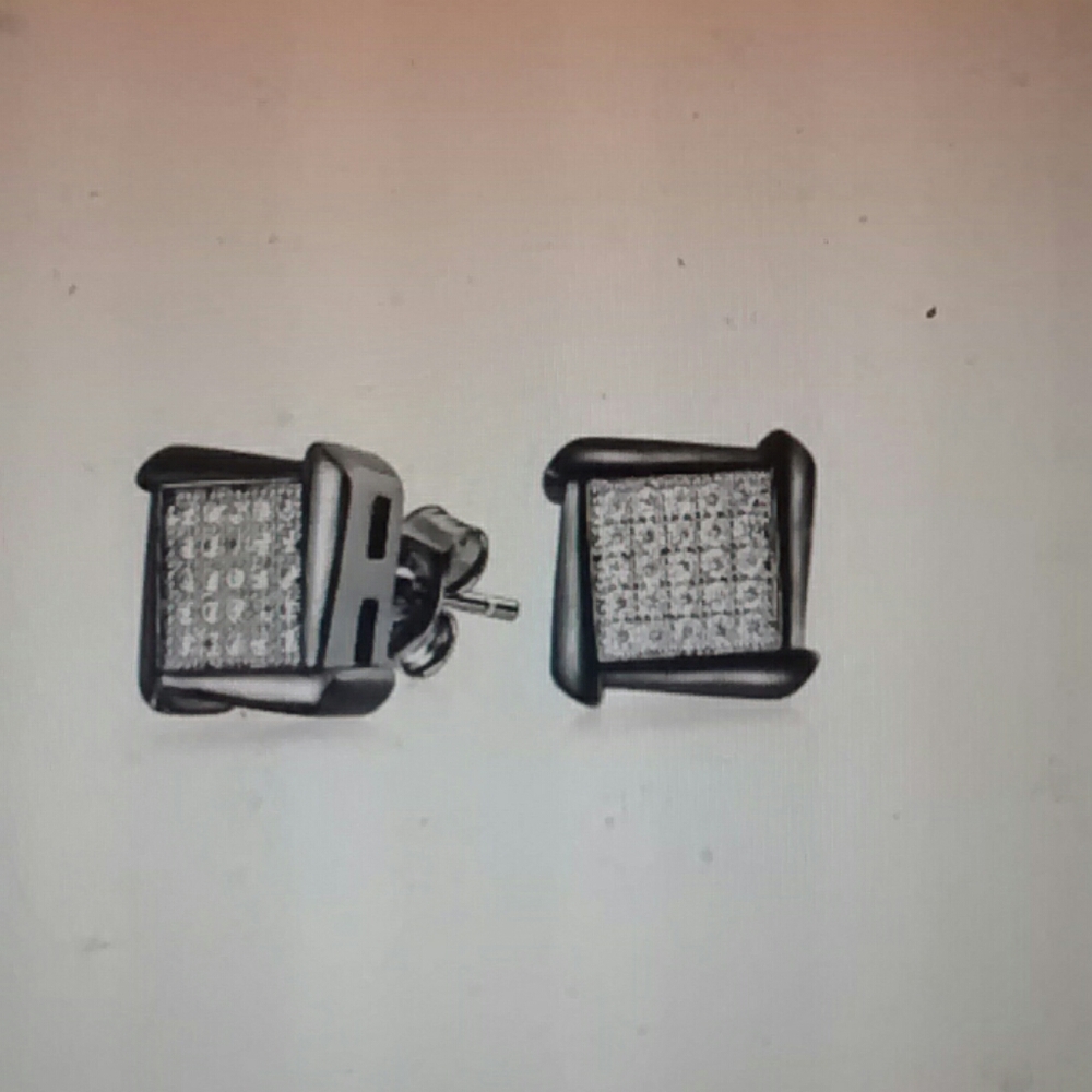 Mens 925 Silver Black Stud Earrings